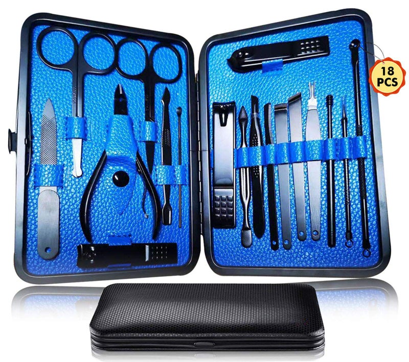 QLNE Manicure Pedicure Kit Nail Clippers Set 18 in 1 High Precision Stainless Steel Cutter File Sharp Scissors for Men & Women Fingernails & Toenails Vibrissac Scissors with Stylish Case (Blue_18in1) - Image 1